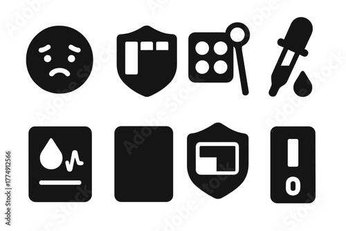 Dye Testing Kit Icons. Solid style icons of dye testing kits: mood tester icon, swatch strip badge, micro-lab panel. Sample loop,