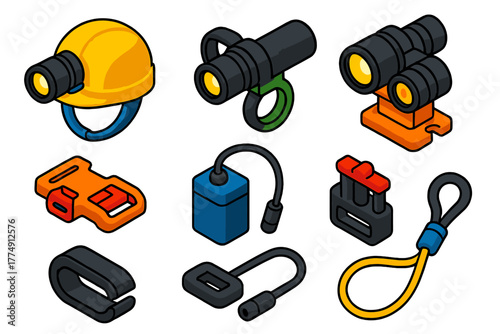 Diving Gear Icons. Isometric vector illustration set Underwater diving gear – dive light helmet mount, side mount clip, helmet