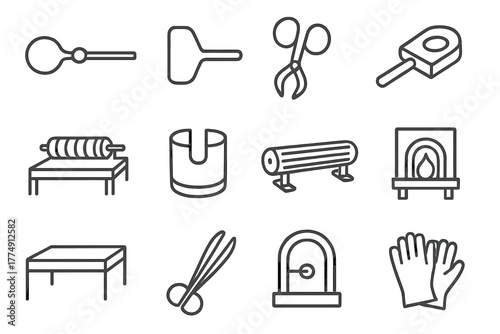 Glass Workshop Tools. Line style icons of glass workshop tools: blow hose, graphite paddle, diamond shears, wooden block; bench