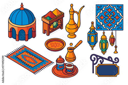 Ottoman Bazaar Icons. Isometric vector illustration set Cultural heritage – Ottoman bazaar dome, spice aisle, brass ewer; kilim