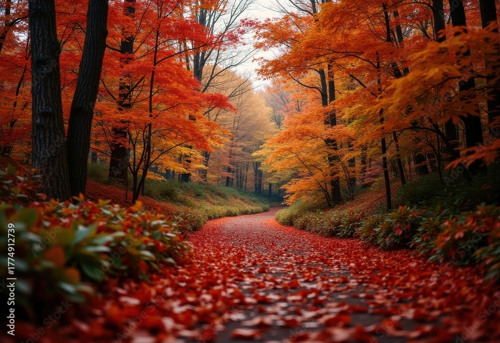 Naklejka premium Autumn Forest Foliage Carpeted Pathway Enriched Red Orange Leaf Sprawl Elected Seasonal Transition