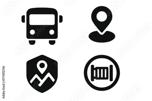 Shuttle Access Icons. Solid style icons of shuttle and trailhead access: truck glyph, drop-off point icon, base badge. Transport