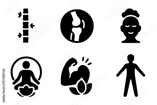 Gravity Yoga Benefits Icons. Solid style icons of benefits of gravity yoga: spinal decompression symbol, joint relief badge,