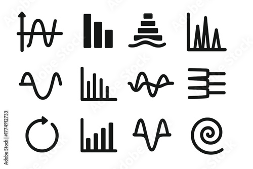 Harmonic Analysis Icons. Solid style icons of harmonic analysis: Fourier transform graph, harmonic bars, overtone stack, spectral