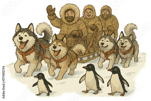 Antarctic Exploration Adventure. Historic Antarctic expedition scene with cheerful sled dogs, explorers in fluffy coats, and