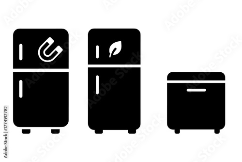 Modern Fridge Icons. Solid style icons of household magnetic refrigerators: kitchen fridge with magnet icon, modern solid-state