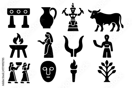 Aegean Ritual Icons. Solid style icons of Aegean Rituals: Offering Table, Libation Jug, Snake Goddess, Sacred Bull, Fire Altar,