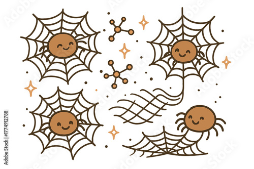 Cheerful Spider Workshop. Adorable doodle spider weaving workshop with smiling spiders, cartoon webs bouncing, cheerful molecular