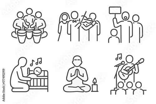 Music's Societal Impact Icons. Line style icons of Music’s Role in Society: community drum circle, wedding musicians, protest