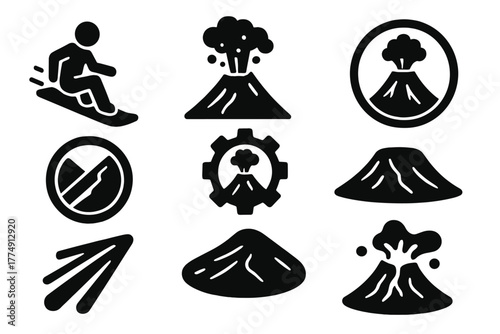 Volcano Boarding Icons. Solid style icons of volcano boarding: board rider glyph, ash slope icon, crater badge. Descent path ring,
