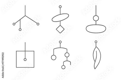 Kinetic Mobile Icons. Line style icons of kinetic mobiles: multi-arm hanging structure, rotating wire shapes, balanced suspended