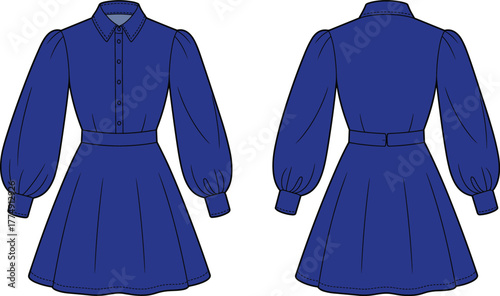 Blue dress illustration, fashion flat sketch, puff sleeve design, collared A-line dress, garment template, apparel vector, clothing mockup, stylish