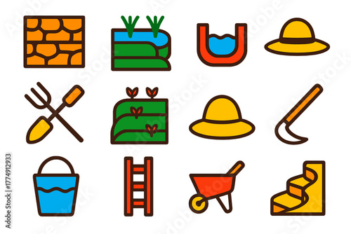 Terraced Farming Icons. Flat vector icons of terraced agriculture: stone terrace wall, rice paddy, irrigation canal, farming tools