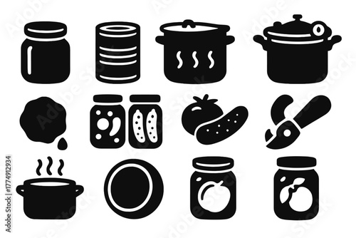 Canning Preservation Icons. Solid style icons of canning invention: glass jar with lid, metal tin can, boiling water bath,