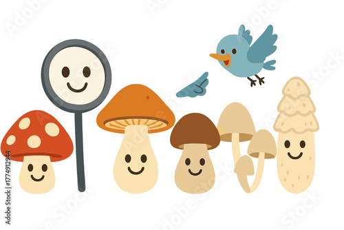 Cheerful Mushroom Discovery. Mushroom identification scene with cheerful fungi lined up, magnifying glass smiling, and birds