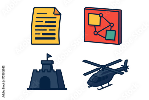 Conspiracy Icon Set. Isometric vector illustration set Conspiracy Theory Icons: Redacted document sheet, connecting string board,