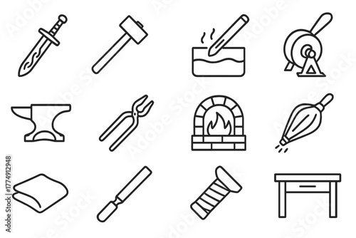 Weapon Crafting Icons. Line style icons of Weapon Crafting: Pattern-Welded Blade, Hammer, Quench Bath, Sharpening Stone; Anvil,
