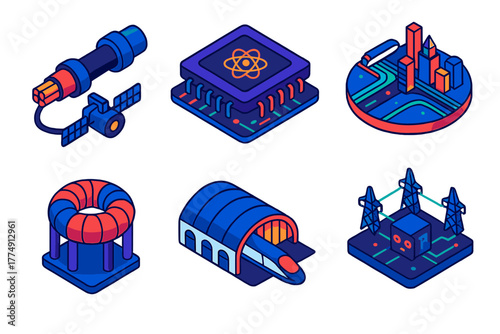 Future Superconductivity Icons. Isometric vector illustration set Future of Superconductivity: space power cable, quantum