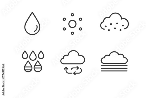 Cloud Microphysics Icons. Line style icons of Cloud Microphysics: suspended droplet, condensation nucleus, cloud particle field,