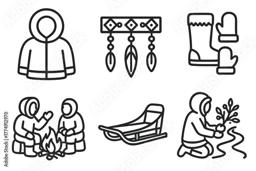 Sledding Culture Icons. Line style icons of sledding culture: traditional parka, beaded harness decor, native fur gear,
