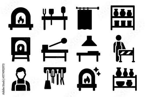 Glassmaking Studio Icons. Solid style icons of glassmaking studio: furnace room, bench with tools, protective curtain, storage
