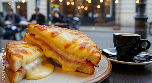 Classic French croque monsieur with golden cheese crust, presented in cozy café setting, natural light ambiance