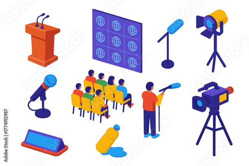 Vivid Media Icons. Isometric vector illustration set News and media – press conference podium, speaker microphone, logo backdrop;