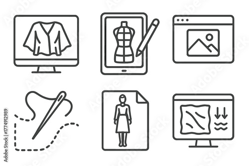 Virtual Fashion Tools. Line style icons of designer tools for virtual fashion: digital drape simulation, 3D sketch pad, texture