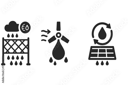Multi-Source Water Icons. Solid style icons of multi-source harvesting systems: fog + dew combo panel, wind-cooled condensation,