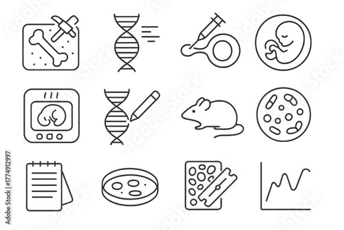 Scientific Process Icons. Line style icons of scientific process: fossil extraction, DNA sequencing, cell injection, embryo growth