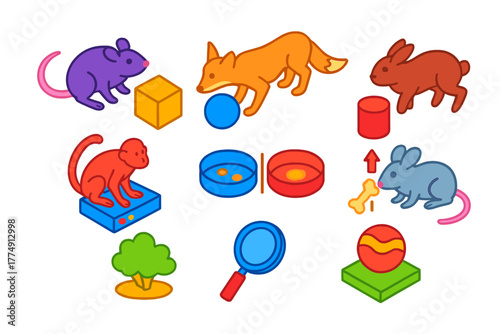 Animal Curiosity Icons. Isometric vector illustration set Information-seeking behavior: mammals exploring novel items, neophilia