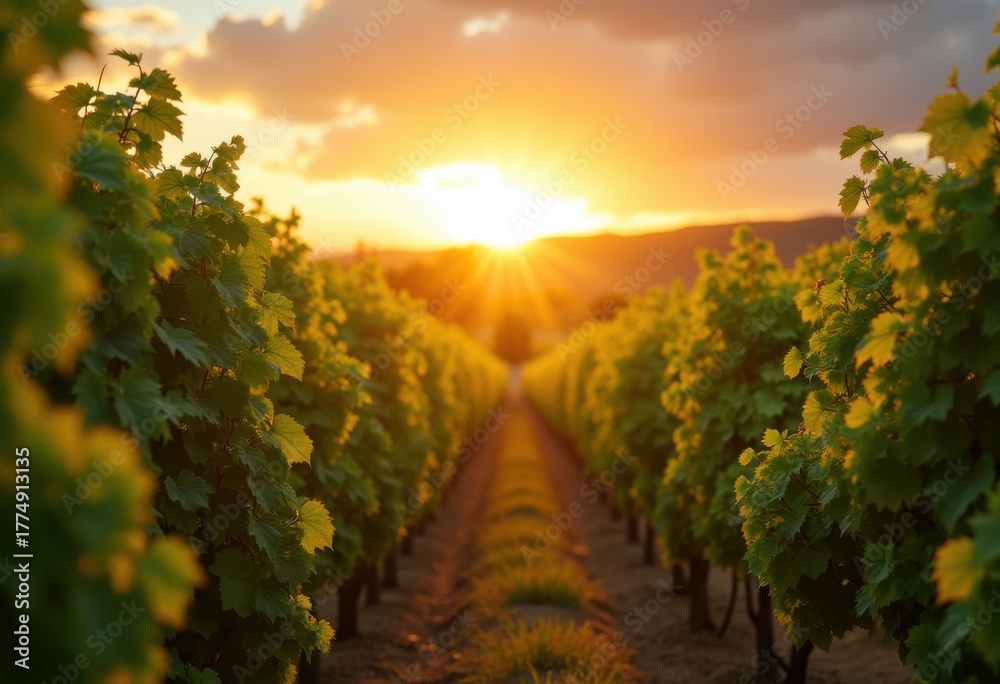 Fototapeta premium Picturesque Vineyard Rows Grape Vines Inviting Summer Sunset Capture