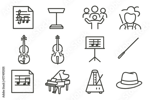 Forgotten Musical Symbols. Line style icons of Forgotten Notes: Unfinished Score, Conductor's Podium, Silent Orchestra, Lost