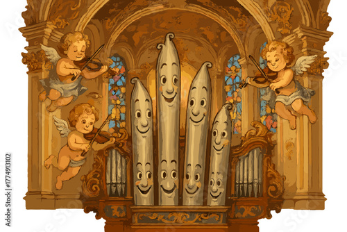 Baroque Cathedral Symphony. Baroque cathedral concert with organ pipes smiling, cherubs playing violins, and glowing stained-glass