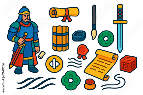 Sword and Scroll Icons. Isometric vector illustration set Sword & Scroll: armored sage, tied scroll text, writing brush, Jian
