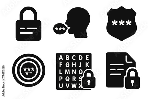 Language Encryption Icons. Solid style icons of language as encryption: padlocked sentence glyph, verbal code icon, secrecy badge.