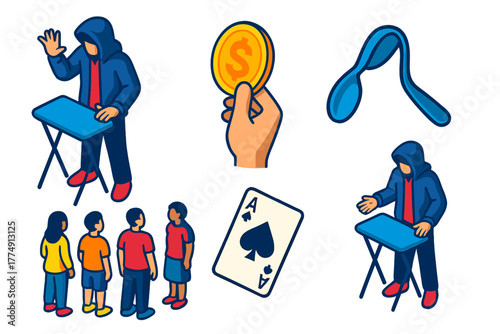 Street Magic Performance. Isometric vector illustration set Street Magic: magician with hoodie, coin trick, bent spoon, levitating