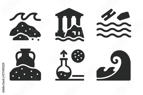 Tsunami and Archaeology Icons. Line style icons of Disaster Archaeology: tsunami sediment icon, coastal ruin site, waterborne