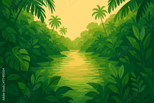 Tropical River Paradise. Lush tropical river surrounded by vector illustration vibrant green foliage under soft golden light,