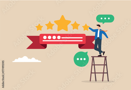 Flat illustration of customer gives five-star feedback in review representing high satisfaction and reputation