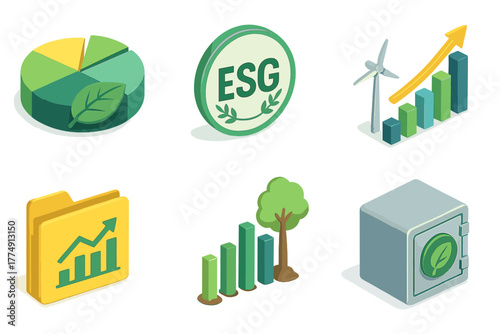 Sustainable Investment Icons. Isometric vector illustration set of Ethical investing: sustainable asset pie, ethical fund
