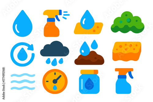 Humidity Icons Collection. Flat vector icons of Humidity and Moisture: water droplet, mist sprayer, condensation bead, wet moss,