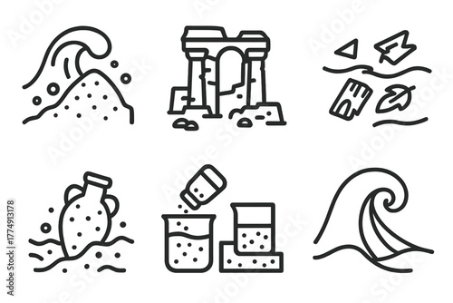 Tsunami and Archaeology Icons. Line style icons of Disaster Archaeology: tsunami sediment icon, coastal ruin site, waterborne