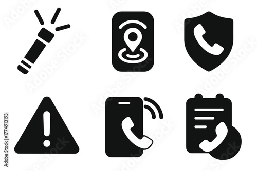 Emergency Contact Icons. Solid style icons of emergency contact kits: flare glyph, GPS beacon icon, phone badge. Signal ring,