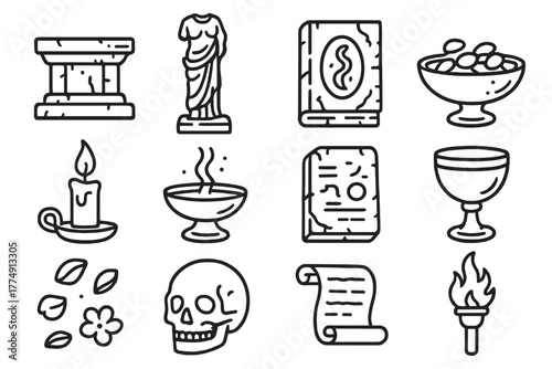 Forgotten Ritual Icons. Line style icons of Forgotten Rituals: Faded Altar, Ancient Statue, Obscure Myth, Offerings; Candle,