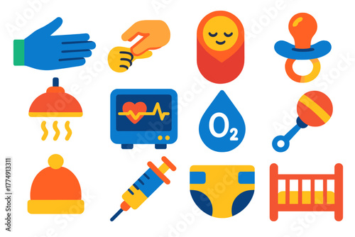 Neonatal Care Icons. Flat vector icons of Gentle Neonatal Care: nurse hand, tiny hand grasping finger, blanket wrap, pacifier,