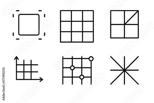 Grid Algorithm Icons. Line style icons of grid-based algorithm design: pixel unit shape, tile art generator, modular grid element,