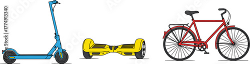 Electric scooter, hoverboard, and bicycle vector illustration, personal transport devices, modern and traditional commuting options, urban mobility concept for stock content