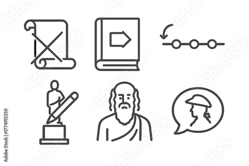 Historical Narrative Icons. Line style icons of Rewriting Historical Narratives: crossed-out scroll, alternative history book,