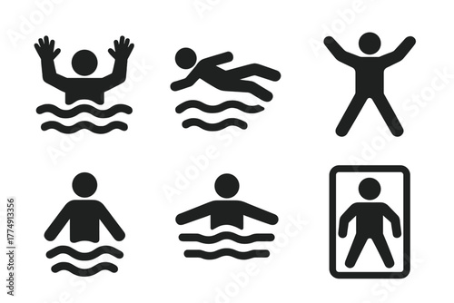 Sinking Posture Icons. Solid style icons of sinking body posture visuals: arms out glyph, back float icon, leg spread badge. Body